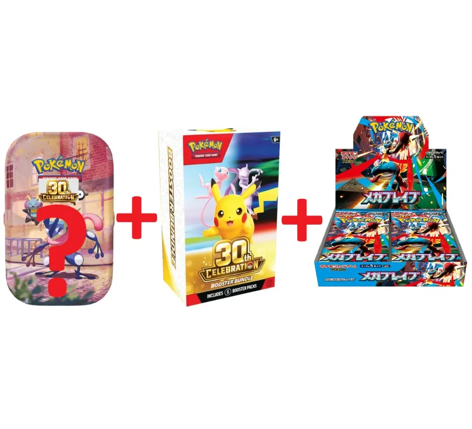 Pokémon TCG - 30th Celebration Booster Bundle English (6 Boosters) + 30th Celebration Mini Tin English - 1 Mini Tin Aleatória (2 Boosters) + Mega Brave Japanese - 1 Booster Box (30 Boosters)
