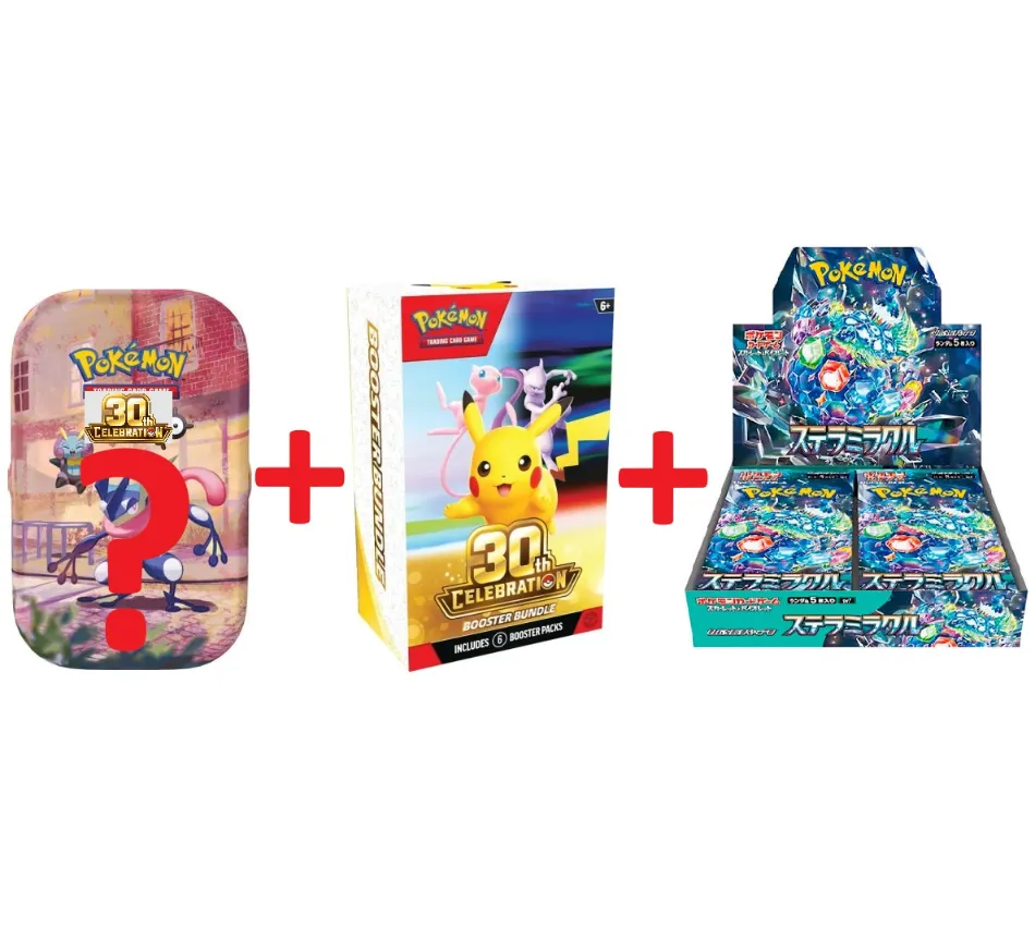 Pokémon TCG - 30th Celebration Booster Bundle English (6 Boosters) + 30th Celebration Mini Tin English - 1 Mini Tin Aleatória (2 Boosters) + Stellar Miracle Japanese - 1 Booster Box (30 Boosters)